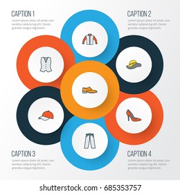 Clothes Colorful Outline Icons Set. Collection Of Vest, Man Footwear, Heels And Other Elements. Also Includes Symbols Such As Panama, Vest, Windbreaker.