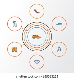 Clothes Colorful Outline Icons Set. Collection Of Heels, Sneakers, Shorts And Other Elements. Also Includes Symbols Such As Boots, Underpants, Footwear.