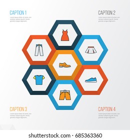 Clothes Colorful Outline Icons Set. Collection Of T-Shirt, Dress, Skirt And Other Elements. Also Includes Symbols Such As Briefs, Skirt, Panties.