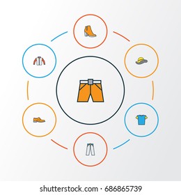 Clothes Colorful Outline Icons Set. Collection Of Female Boots, T-Shirt, Shorts And Other Elements. Also Includes Symbols Such As Heels, Woman, Shirt.