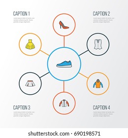Clothes Colorful Outline Icons Set. Collection Of Heels, Evening Gown, Sneakers And Other Elements. Also Includes Symbols Such As Gown, Sweatshirt, Shoe.