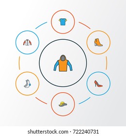 Clothes Colorful Outline Icons Set. Collection Of Elegant Headgear, Female Boots, Socks And Other Elements. Also Includes Symbols Such As Blouse, Tunic, Sweatshirt.