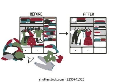 Clothes decluttering vector concept. Before and after clean out closet.