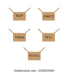 Clothes decluttering vector concept. Boxes with text keep, sell, donate, trash, recycle.