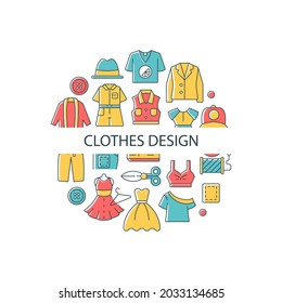 Clothes design abstract color concept layout with headline. Making new garments. Designer work with outfits. Needlecraft creative idea. Isolated vector filled contour icons for web background