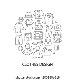 Clothes design abstract linear concept layout with headline. Making new garments. Needlecraft minimalistic idea. Thin line graphic drawings. Isolated vector contour icons for background