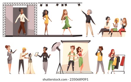 Clothes design and fashion show. Cartoon models defile catwalk, viewers appreciate new collection, designer creates dress, photographer shoots for glamorous magazine, tidy vector isolated set