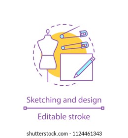 Clothes design sketches concept icon. Dressmaking idea thin line illustration. Sewing. Tailoring workshop. Vector isolated outline drawing. Editable stroke