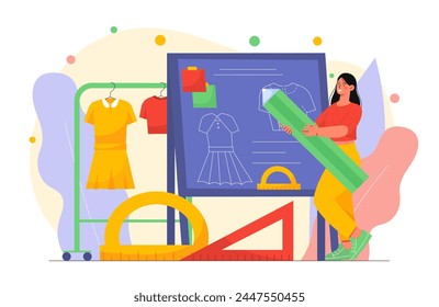 Clothes designer concept. Woman with pencil near dummy with dress. Fashion and style, elegance and aesthetics. Clothing designer with pencil and rulers. Cartoon flat vector illustration