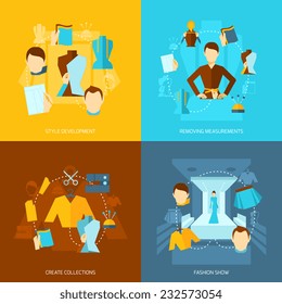 Clothes designer flat icons set with style development removing measurements create collections fashion show isolated vector illustration