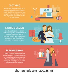  Clothes designer horizontal banners set with clothing production fashion design and show flat isolated vector illustration 