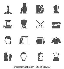 Clothes designer icons black set with sewing textile and fashion elements isolated vector illustration