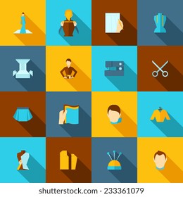 Clothes designer icons flat set with thread button tailor needlework elements isolated vector illustration.