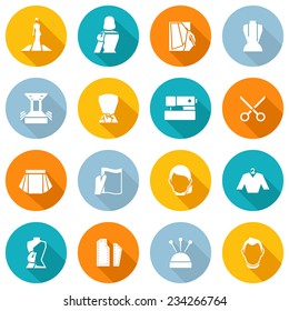 Clothes designer icons flat set with dressmaking sewing machine scissors isolated vector illustration