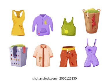 Clothes with dirt stains set. Top, hoodie, sweatshirt, dress, t shirt, overall, shorts covered by dirty spots. Unclean apparel in case, basket preparing to laundry hygienic cleanliness vector cartoon