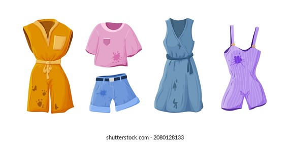 Clothes with dirt stains set. Top, hoodie, sweatshirt, dress, overall, shorts covered by dirty spots. Unclean apparel in case, basket preparing to laundry hygienic cleanliness vector cartoon