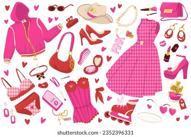 Clothes for the doll in pink and red colors. Trend accessories of a fashionable girl. Barbiecore sticker set. Vector illustration.