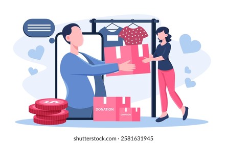 Clothes donating concept. Woman and man fill box. Charitable Organization Volunteers. Kindness, generosity and charity. Help and support for poor. Flat vector illustration