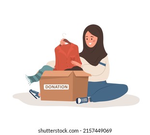 Clothes donation. Arabic woman putting old used clothes ready to be shared or recycled to cardboard box. Volunteering and social care concept. International charity day. Vector cartoon illustration.