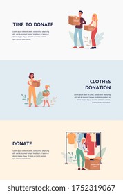 Juego de plantillas de carteles de donación de ropa - caricatura de personas con cajas de cartón donando ropa a caridad. Voluntarios listos para donar - ilustración vectorial.