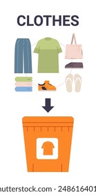 Clothes donation bin with various garments including pants shirt bag shoes flip-flops and folded clothes orange bin with clothing icon