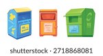 Clothes donation bins. Clothing donate city boxes, cloth fabric recycling container eco friendly environment sorting waste social support garment exchange, neat vector illustration