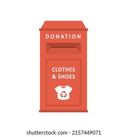 Clothes donation box. Clothing bin or recycle container. Garbage sorting. Volunteering and social care. Zero waste and eco friendly concept. Vector illustration in flat cartoon style.