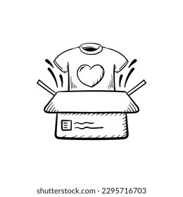 Clothes donation box t-shirt donate charity and kindness doodle hand drawn line icon illustration