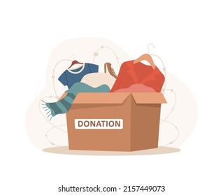 Clothes donation. Cardboard box full of different things. Volunteering and social care concept. Support for poor people. International charity day. Vector illustration in cartoon style. - Shutterstock ID 2157449073