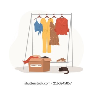 Clothes donation. Cardboard box in wardrobe with old clothes ready to be shared or recycled. Volunteering and social care. International charity day. Vector illustration in cartoon style.