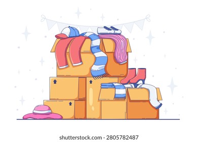Clothes donation cardboard boxes with secondhand apparel and accessories vector illustration