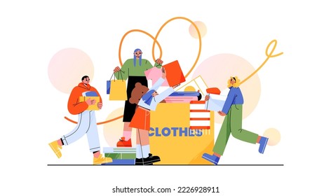 Clothes donation, charity concept. Volunteers bringing and collect apparel into carton box for poor, homeless people, beggars, refugees. Second hand clothing reuse, Linear flat vector illustration