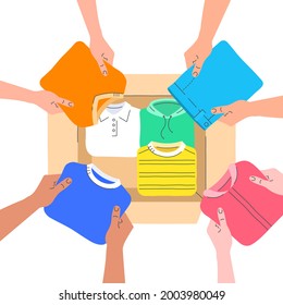 Clothes Donation Concept. Different People Put Pants, Sweaters And T-shirt In Open Cardboard Box. Top View Banner. Hand Drawn Illustration. Packing Things For Moving. Collecting Second Hand Things