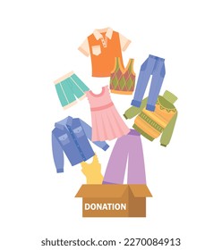 Clothes donation concept. Shorts, Tshirt, jeans sweater and dress. Charity, generosity and kindness. Community support, assistance. Cartoon flat vector illustration isolated on white background