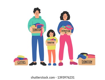 Clothes donation. Cute hand drawn family holding donation boxes. Vector illustration.