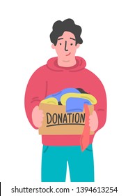 
Clothes donation. Cute hand drawn man holding donation box. Vector illustration.