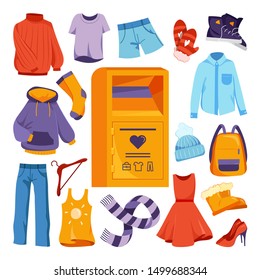 Clothes donation design elements. Vector flat cartoon illustration. City container box for used apparel or shoes donations. Urban street bin for social humanitarian aid. - Shutterstock ID 1499688344