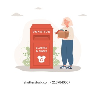 Clothes Donation. Elderly Woman With Cardboard Box Gives Things For Recycling Or Donated. Clothing Bin Or Recycle Container. Volunteering And Social Care. Vector Illustration In Flat Cartoon Style.