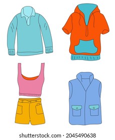 Clothes donation of fashion items set in doodle style.Fabric elements.Contribution in Eco lifestyle, recycling.Giving your wardrobe second chance