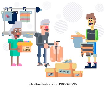 Clothes donation flat vector illustration. Mindfull living concept illustration. Ergonomic lifestyle. Helping to needy people. Give old clothes second chance.