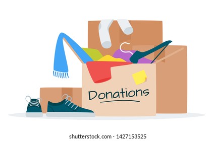 Clothes for donation flat vector illustration. Garage sale, flea market, thrift shop goods.  Second hand store assortment. Clothing items, shoes and accessories in cardboard boxes isolated clipart