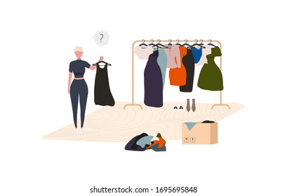 Clothes donation. Girl makes clothes donations. Boxes full of clothes. Vector concept illustrations.