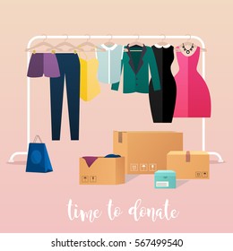 Clothes donation. Girl makes clothes donations. Boxes full of clothes. Vector concept illustrations.