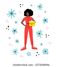 Clothes donation. Hand drawn African American woman is holding clothes donation box. Vector illustration