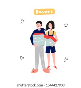 Clothes donation. Hand drawn family holding the donation boxes. Vector illustration