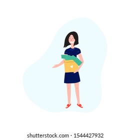 Clothes donation. Hand drawn girl holding the donation box. Vector illustration
