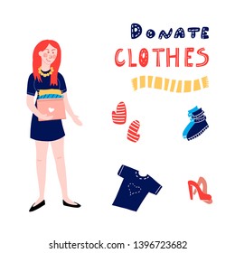 Clothes donation. Hand drawn  red headed woman holding clothes donation box. Donate clothes - hand drawn quote. Vector illustration