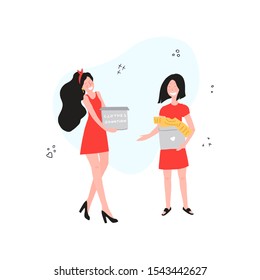Clothes donation. Hand drawn  two women holding donation boxes. Woman and girl caring boxes for clothes donation. Vector illustration