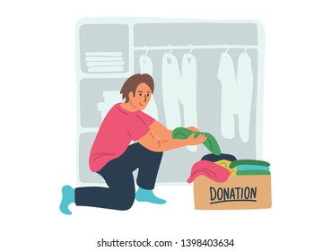 Clothes donation. Hand drawn young man putting clothes from wardrobe to cardboard donation box. Vector illustration.