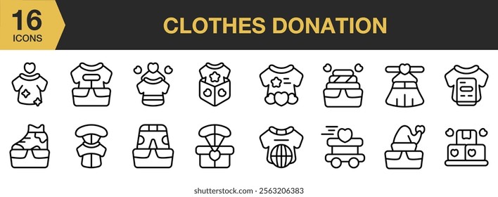 Clothes Donation icon set. Includes Charity, Donation, Clothes, Dress, Outfit, and More. Outline icons vector collection.